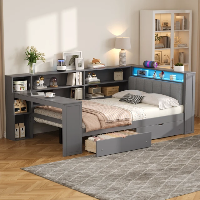 Alt view image 3 of 7 - Wood Full Size Platform Bed with Storage Shelves, Drawers, Charging Station, LED, Desk and Upholstered Headboard, Grey+ Grey Cushion