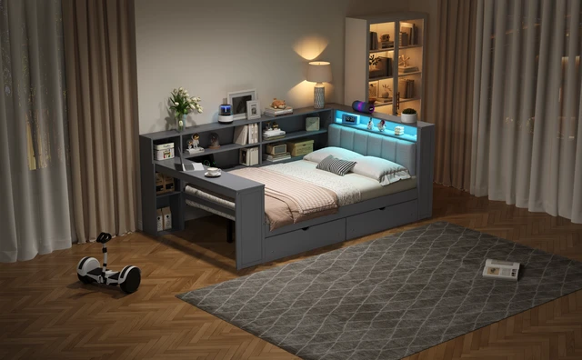 Alt view image 6 of 7 - Wood Full Size Platform Bed with Storage Shelves, Drawers, Charging Station, LED, Desk and Upholstered Headboard, Grey+ Grey Cushion