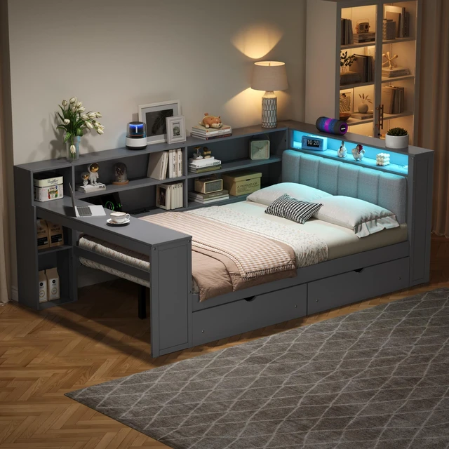 Main image of Wood Full Size Platform Bed with Storage Shelves, Drawers, Charging Station, LED, Desk and Upholstered Headboard, Grey+ Grey Cushion