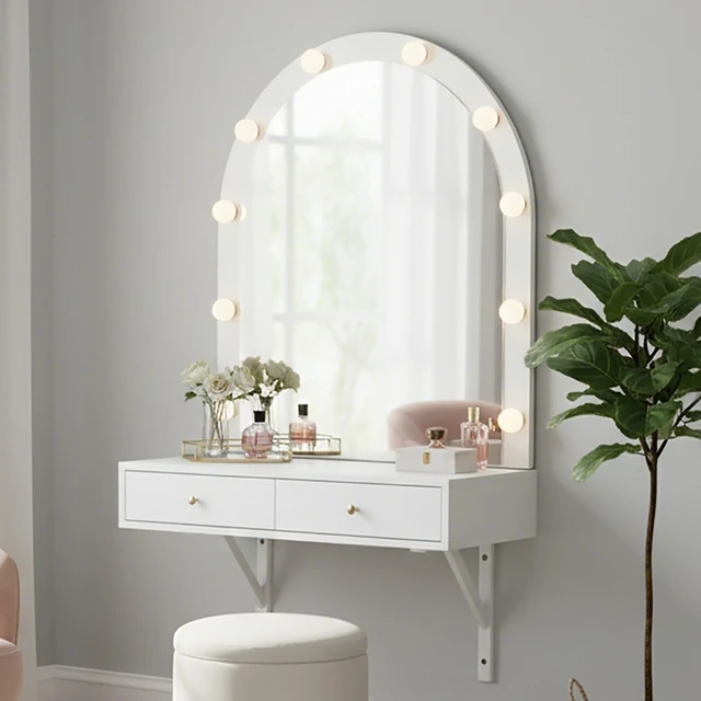 Alt view image 5 of 7 - Floating Makeup Vanity Desk with Mirror & 3-Color Lights, Wall Dressing Table with Power Outlet, Compact vanity, Large Storage, White