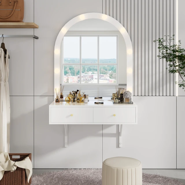 Alt view image 3 of 7 - Floating Makeup Vanity Desk with Mirror & 3-Color Lights, Wall Dressing Table with Power Outlet, Compact vanity, Large Storage, White