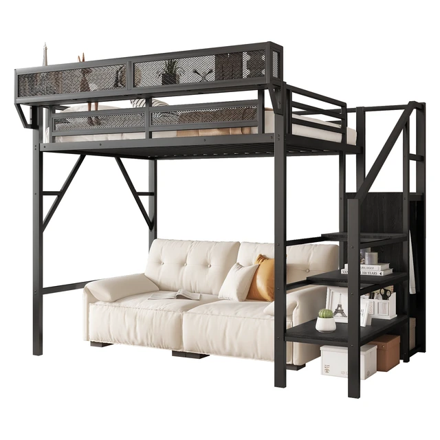 Alt view image 6 of 7 - Twin Size Loft Bed with Stairs, Metal Loft Bed with Storage Shelves, High Loft Bed with Wardrobe for Kids Teens, Black