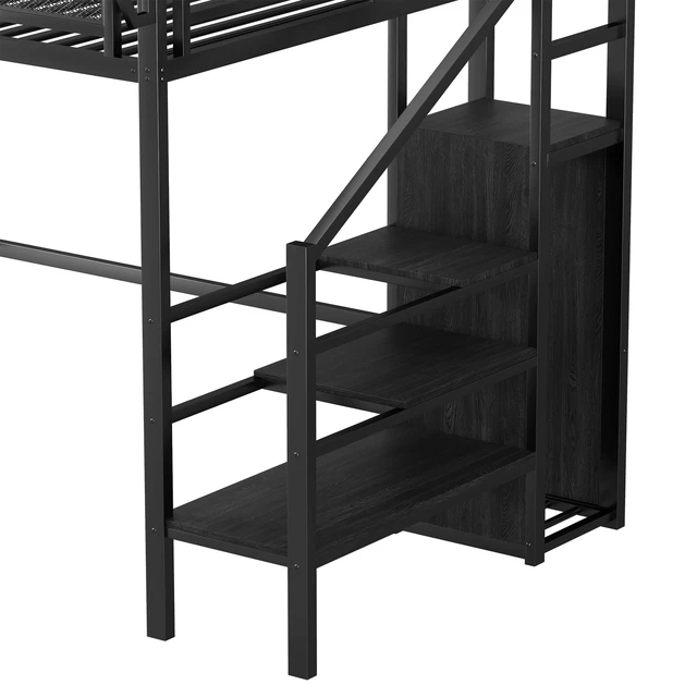 Alt view image 7 of 7 - Twin Size Loft Bed with Stairs, Metal Loft Bed with Storage Shelves, High Loft Bed with Wardrobe for Kids Teens, Black