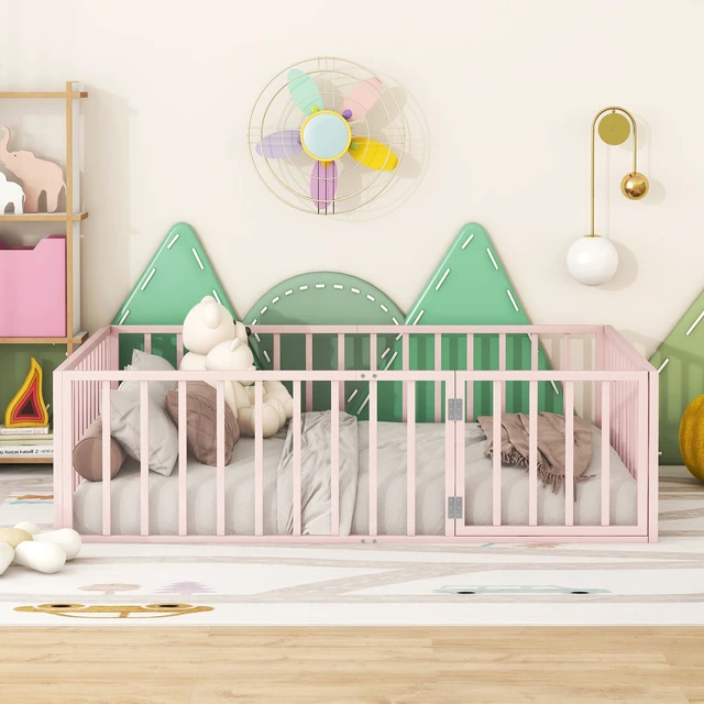 Alt view image 3 of 7 - Full Size Metal Floor Bed Frame with Fence and Door, Pink