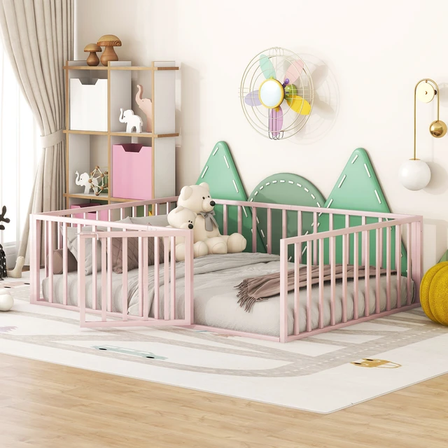 Alt view image 2 of 7 - Full Size Metal Floor Bed Frame with Fence and Door, Pink