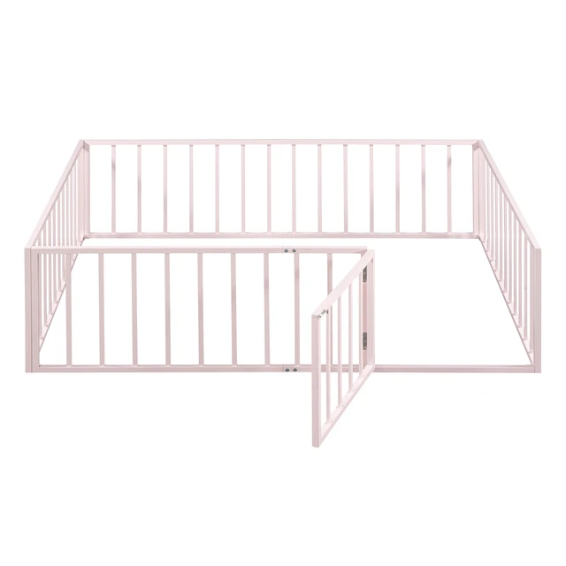 Alt view image 4 of 7 - Full Size Metal Floor Bed Frame with Fence and Door, Pink