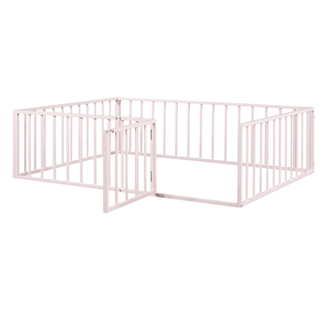 Alt view image 5 of 7 - Full Size Metal Floor Bed Frame with Fence and Door, Pink