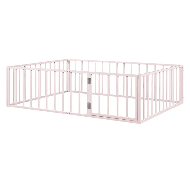 Alt view image 6 of 7 - Full Size Metal Floor Bed Frame with Fence and Door, Pink