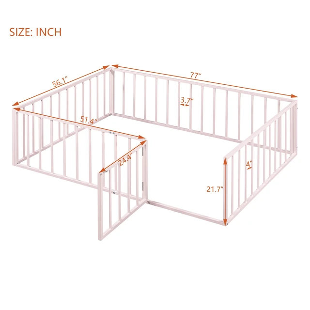 Alt view image 7 of 7 - Full Size Metal Floor Bed Frame with Fence and Door, Pink