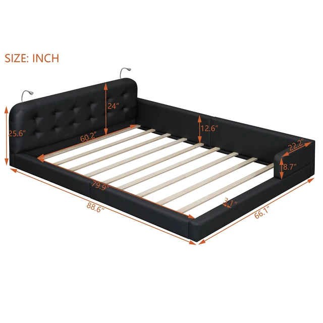 Alt view image 6 of 7 - Queen Size Upholstered Platform Bed with 2 Reading Lights, Black