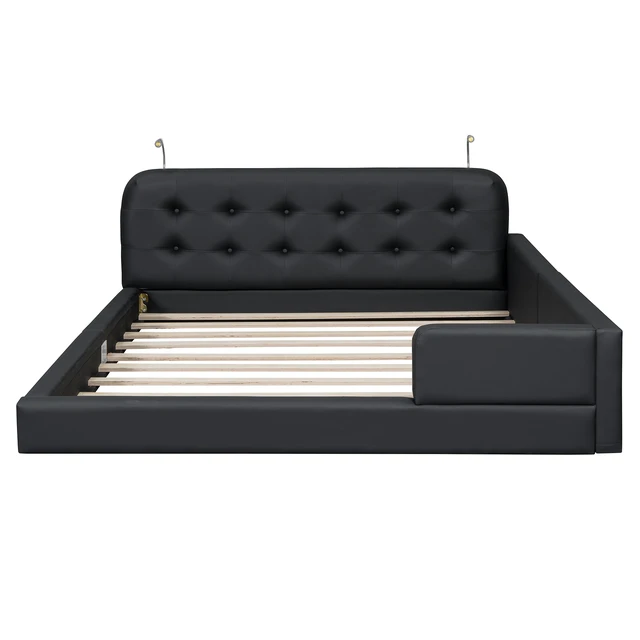 Alt view image 4 of 7 - Queen Size Upholstered Platform Bed with 2 Reading Lights, Black