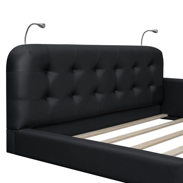 Alt view image 7 of 7 - Queen Size Upholstered Platform Bed with 2 Reading Lights, Black