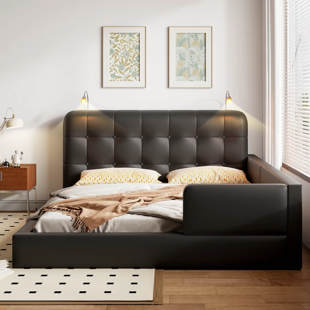 Alt view image 2 of 7 - Queen Size Upholstered Platform Bed with 2 Reading Lights, Black