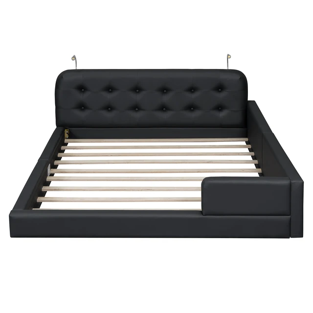 Alt view image 5 of 7 - Queen Size Upholstered Platform Bed with 2 Reading Lights, Black