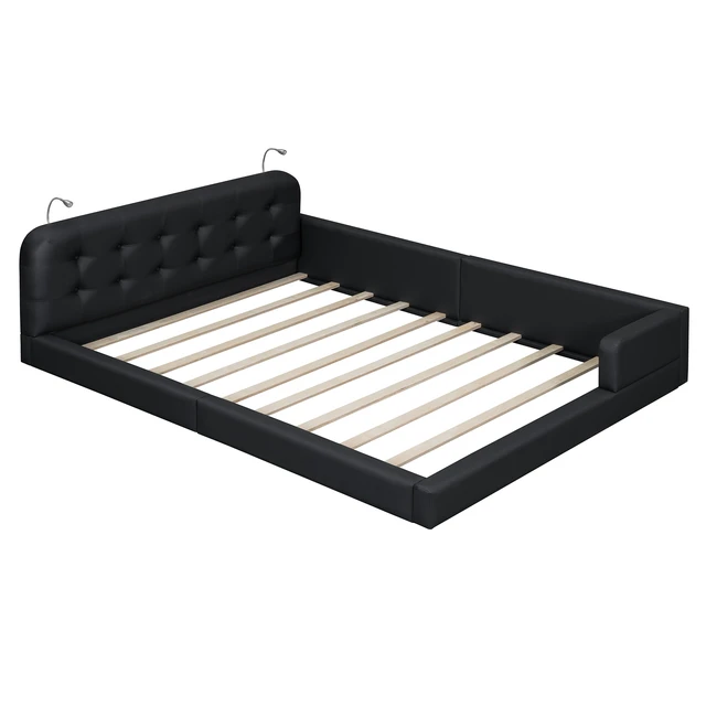 Alt view image 3 of 7 - Queen Size Upholstered Platform Bed with 2 Reading Lights, Black