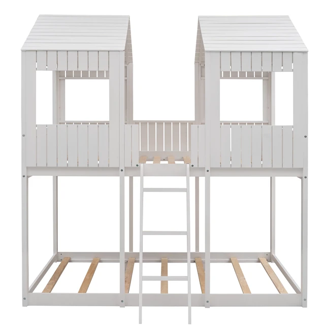 Alt view image 3 of 7 - Full Over Full WoodBunk Bed with Roof, Window, Guardrail, Ladder(White)