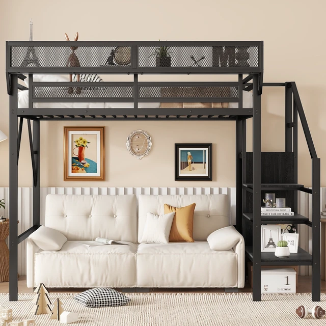 Alt view image 3 of 7 - Twin Size Loft Bed with Stairs, Metal Loft Bed with Storage Shelves, High Loft Bed with Wardrobe for Kids Teens, Black