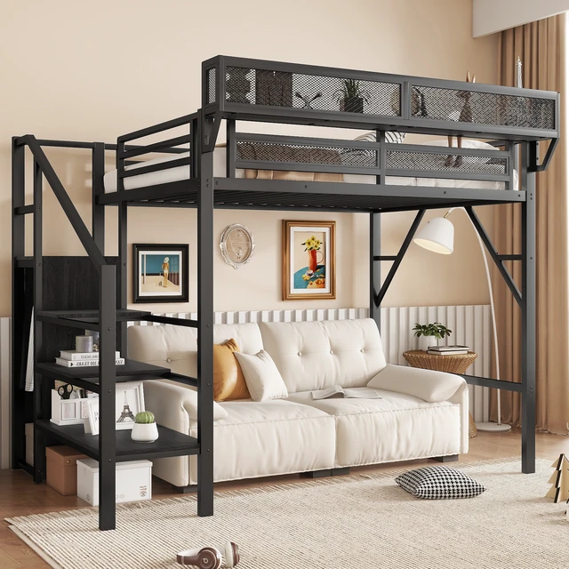 Alt view image 2 of 7 - Twin Size Loft Bed with Stairs, Metal Loft Bed with Storage Shelves, High Loft Bed with Wardrobe for Kids Teens, Black