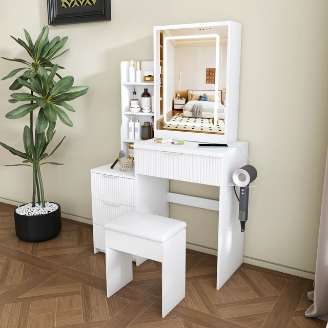 Alt view image 3 of 7 - Modern Vanity Desk ,featuring 3 modes of LED lighting with adjustable brightness , with 4 drawers and multiple open storage shelves, with a hair dryer holder and power socket, a dressing chair.white