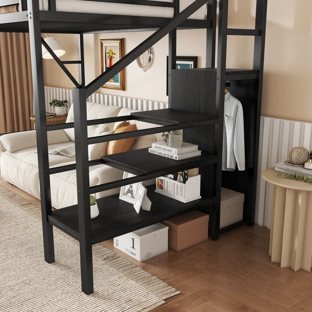 Alt view image 5 of 7 - Twin Size Loft Bed with Stairs, Metal Loft Bed with Storage Shelves, High Loft Bed with Wardrobe for Kids Teens, Black