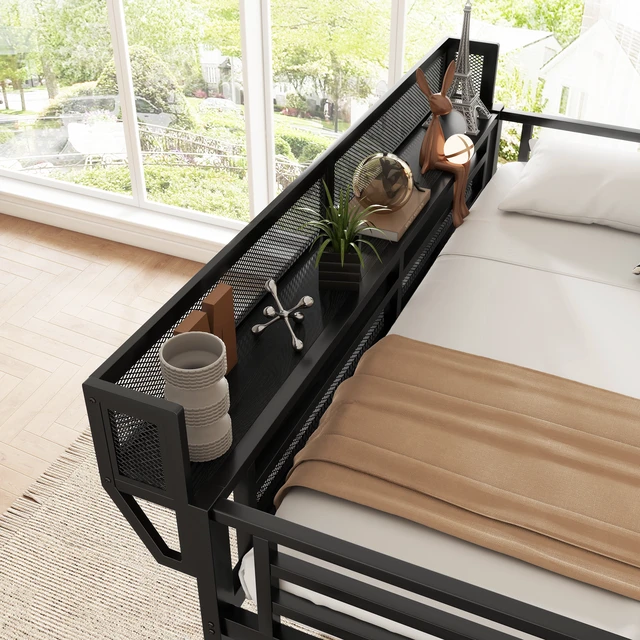 Alt view image 4 of 7 - Twin Size Loft Bed with Stairs, Metal Loft Bed with Storage Shelves, High Loft Bed with Wardrobe for Kids Teens, Black