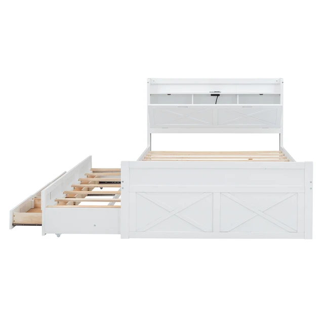 Alt view image 6 of 7 - Full Size Wooden Bed with Storage Headboard with Outlets, Extendable Bed with Twin Size Trundle with Three Storage Drawers,White