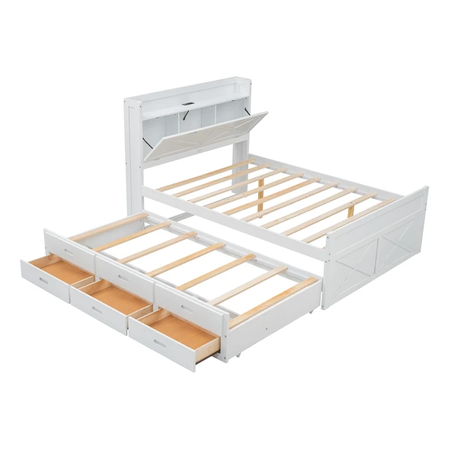Alt view image 5 of 7 - Full Size Wooden Bed with Storage Headboard with Outlets, Extendable Bed with Twin Size Trundle with Three Storage Drawers,White