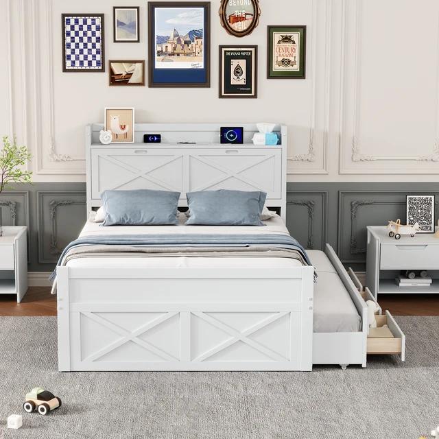 Alt view image 3 of 7 - Full Size Wooden Bed with Storage Headboard with Outlets, Extendable Bed with Twin Size Trundle with Three Storage Drawers,White
