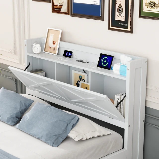 Alt view image 2 of 7 - Full Size Wooden Bed with Storage Headboard with Outlets, Extendable Bed with Twin Size Trundle with Three Storage Drawers,White