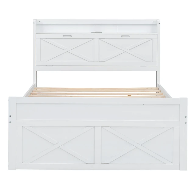 Alt view image 7 of 7 - Full Size Wooden Bed with Storage Headboard with Outlets, Extendable Bed with Twin Size Trundle with Three Storage Drawers,White