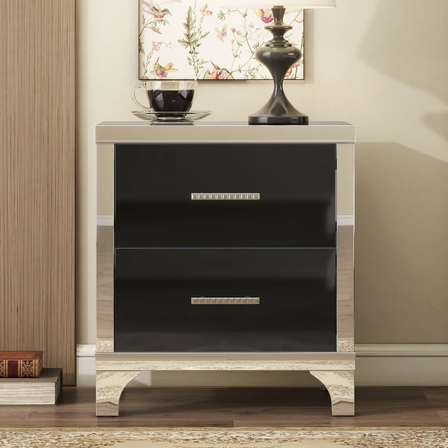 Alt view image 4 of 7 - Elegant High Gloss Nightstand with Metal Handle,Mirrored Bedside Table with 2 Drawers for Bedroom,Living Room,Black
