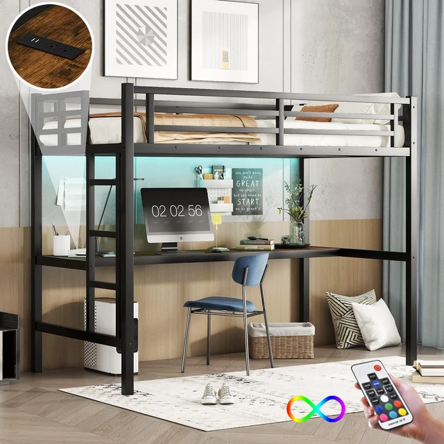 Main image of Metal Twin XL Size Loft Bed with Power Outlet and LED Lighted, Space-Saving, Noise Reduced, Black