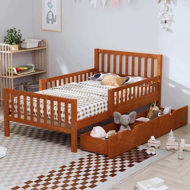 Main image of Twin Size Wood Platform Bed with Guardrails on Both Sides and Two Storage Drawers, Walnut