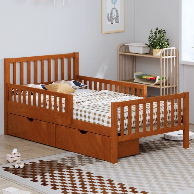 Alt view image 2 of 7 - Twin Size Wood Platform Bed with Guardrails on Both Sides and Two Storage Drawers, Walnut