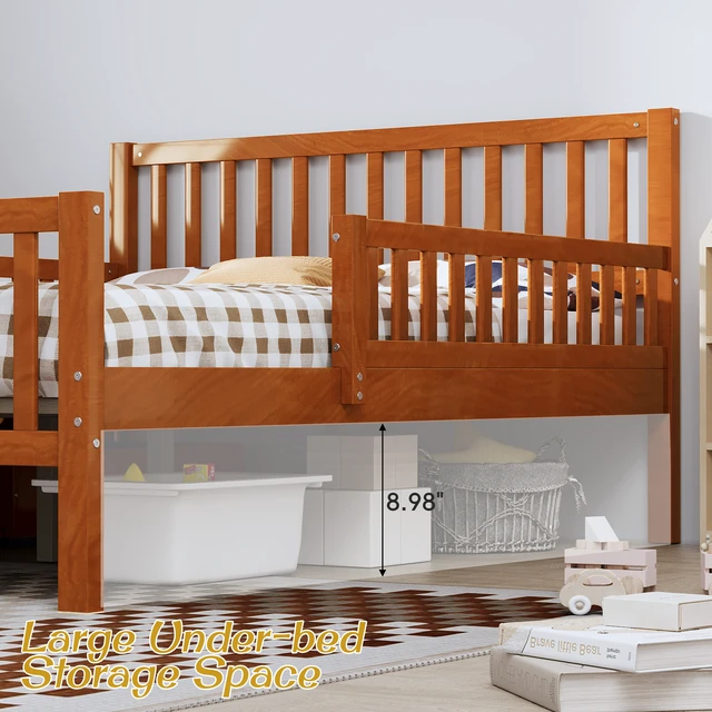 Alt view image 4 of 7 - Twin Size Wood Platform Bed with Guardrails on Both Sides and Two Storage Drawers, Walnut