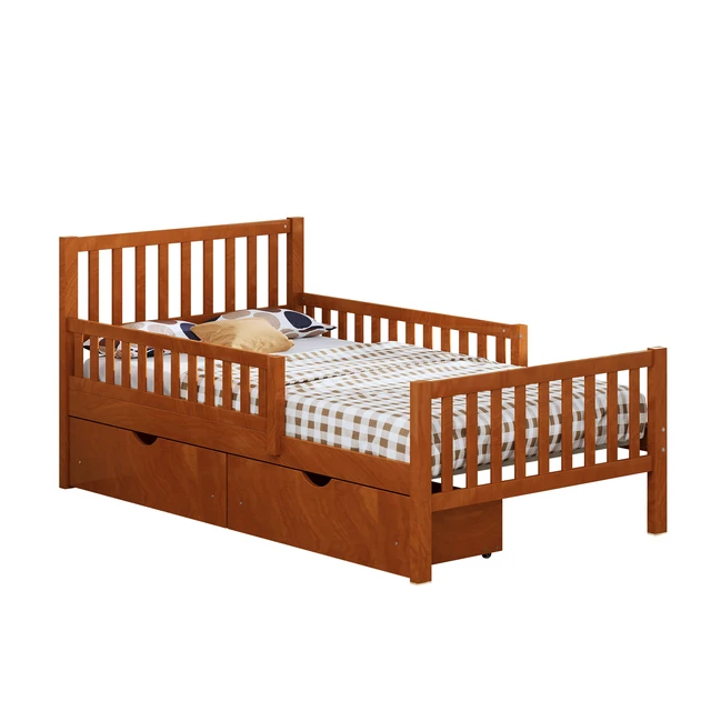 Alt view image 6 of 7 - Twin Size Wood Platform Bed with Guardrails on Both Sides and Two Storage Drawers, Walnut