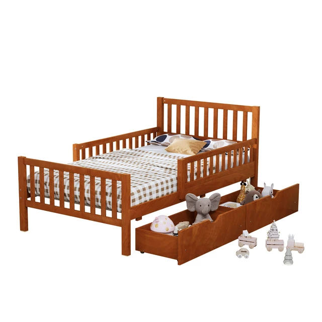 Alt view image 5 of 7 - Twin Size Wood Platform Bed with Guardrails on Both Sides and Two Storage Drawers, Walnut