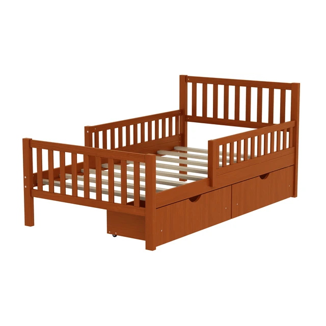 Alt view image 7 of 7 - Twin Size Wood Platform Bed with Guardrails on Both Sides and Two Storage Drawers, Walnut