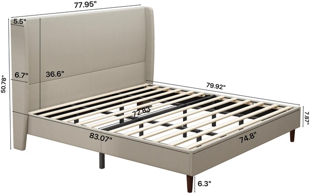 Main image of High Headboard Upholstered Bed, King Size Bed Frame, 12-Slat Support, Easy to Assemble, Beige, Linen Cloth, No Box Spring Needed