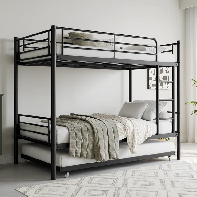 Alt view image 4 of 7 - Twin Bunk Bed with Trundle Metal Bunkbeds with Ladder and Full-Length Guardrail, Noise Free, No Box Spring Needed, Black