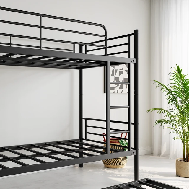 Alt view image 3 of 7 - Twin Bunk Bed with Trundle Metal Bunkbeds with Ladder and Full-Length Guardrail, Noise Free, No Box Spring Needed, Black