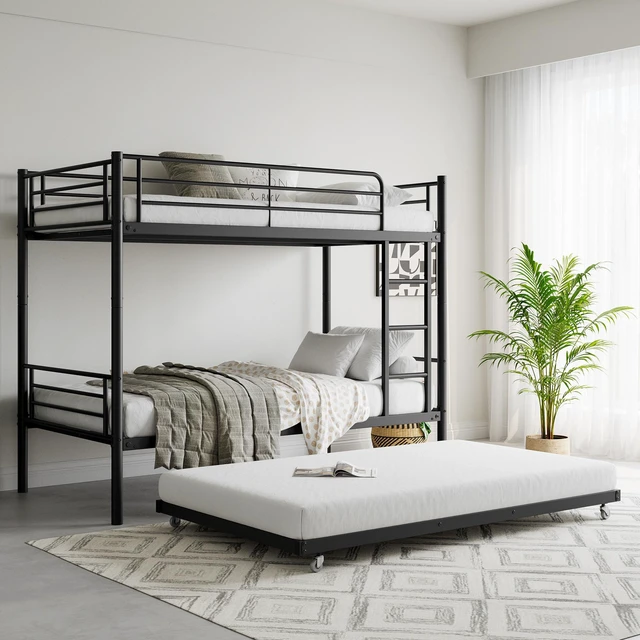 Alt view image 5 of 7 - Twin Bunk Bed with Trundle Metal Bunkbeds with Ladder and Full-Length Guardrail, Noise Free, No Box Spring Needed, Black