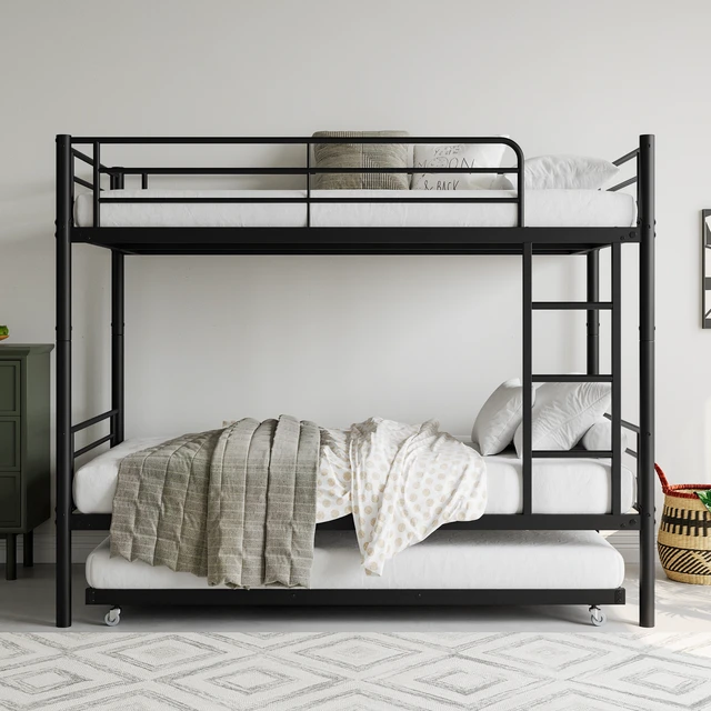Alt view image 2 of 7 - Twin Bunk Bed with Trundle Metal Bunkbeds with Ladder and Full-Length Guardrail, Noise Free, No Box Spring Needed, Black