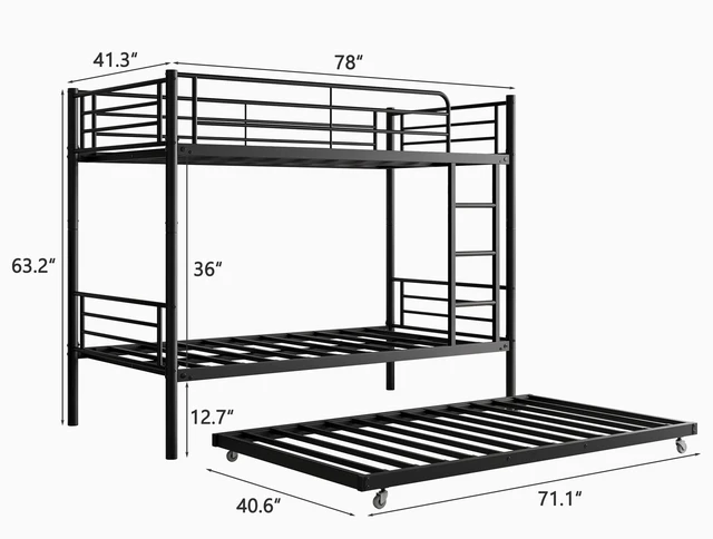Alt view image 6 of 7 - Twin Bunk Bed with Trundle Metal Bunkbeds with Ladder and Full-Length Guardrail, Noise Free, No Box Spring Needed, Black