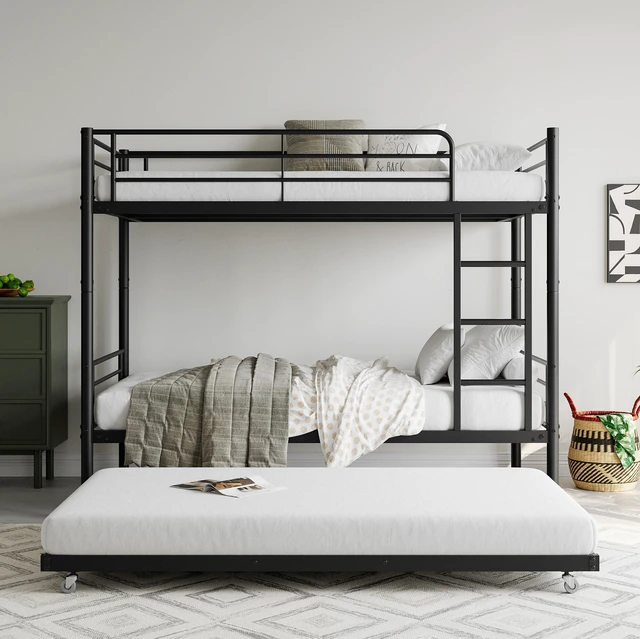 Main image of Twin Bunk Bed with Trundle Metal Bunkbeds with Ladder and Full-Length Guardrail, Noise Free, No Box Spring Needed, Black