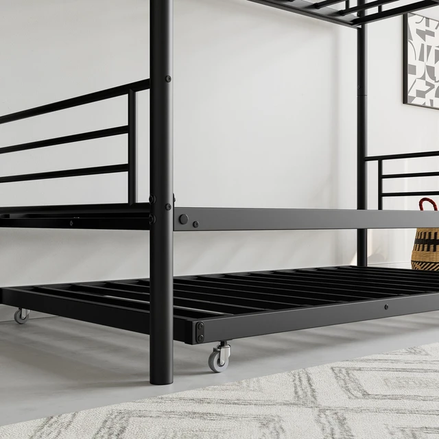 Alt view image 7 of 7 - Twin Bunk Bed with Trundle Metal Bunkbeds with Ladder and Full-Length Guardrail, Noise Free, No Box Spring Needed, Black