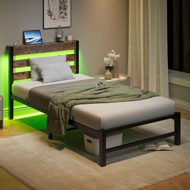 Main image of Twin Size Bed Frame Heavy Duty Platform Bed Frame with Headboard, USB Charging Station, LED Bed, No Box Spring Needed, Mattress Foundation, Strong Steel Slats, Noise Free, Brown