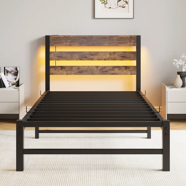 Alt view image 5 of 7 - Twin Size Bed Frame Heavy Duty Platform Bed Frame with Headboard, USB Charging Station, LED Bed, No Box Spring Needed, Mattress Foundation, Strong Steel Slats, Noise Free, Brown