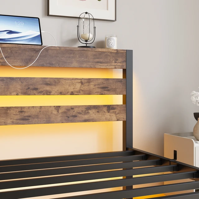 Alt view image 7 of 7 - Twin Size Bed Frame Heavy Duty Platform Bed Frame with Headboard, USB Charging Station, LED Bed, No Box Spring Needed, Mattress Foundation, Strong Steel Slats, Noise Free, Brown