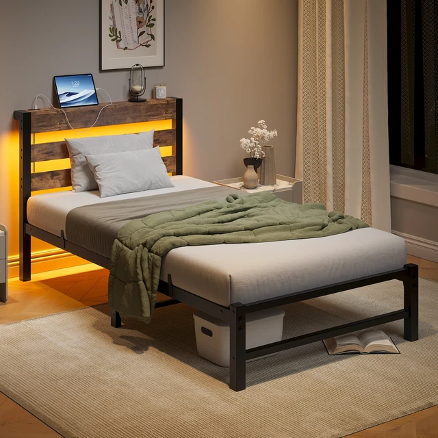Alt view image 3 of 7 - Twin Size Bed Frame Heavy Duty Platform Bed Frame with Headboard, USB Charging Station, LED Bed, No Box Spring Needed, Mattress Foundation, Strong Steel Slats, Noise Free, Brown
